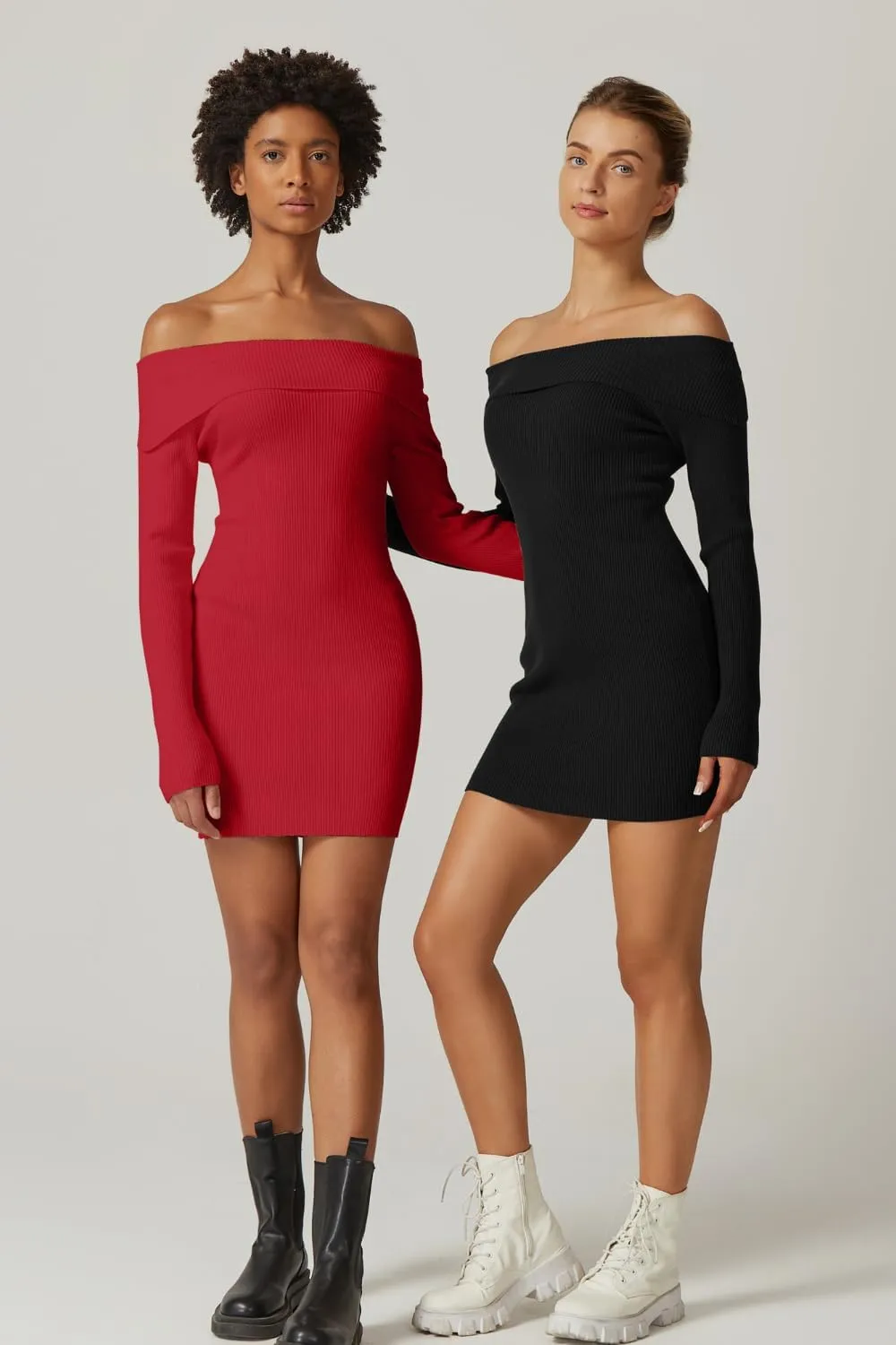 QINSEN Women's Off The Shoulder Ribbed Knit Sweater Dress Folded Neck Long Sleeve Mini Dress 2024 Trendy Fall Outfits