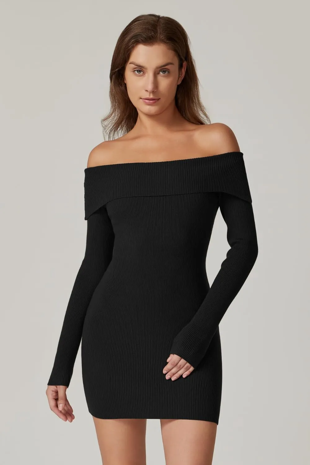 QINSEN Women's Off The Shoulder Ribbed Knit Sweater Dress Folded Neck Long Sleeve Mini Dress 2024 Trendy Fall Outfits