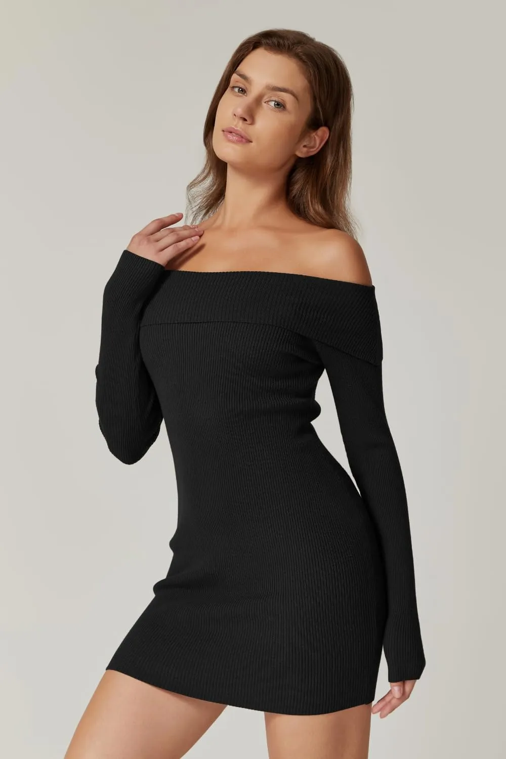 QINSEN Women's Off The Shoulder Ribbed Knit Sweater Dress Folded Neck Long Sleeve Mini Dress 2024 Trendy Fall Outfits