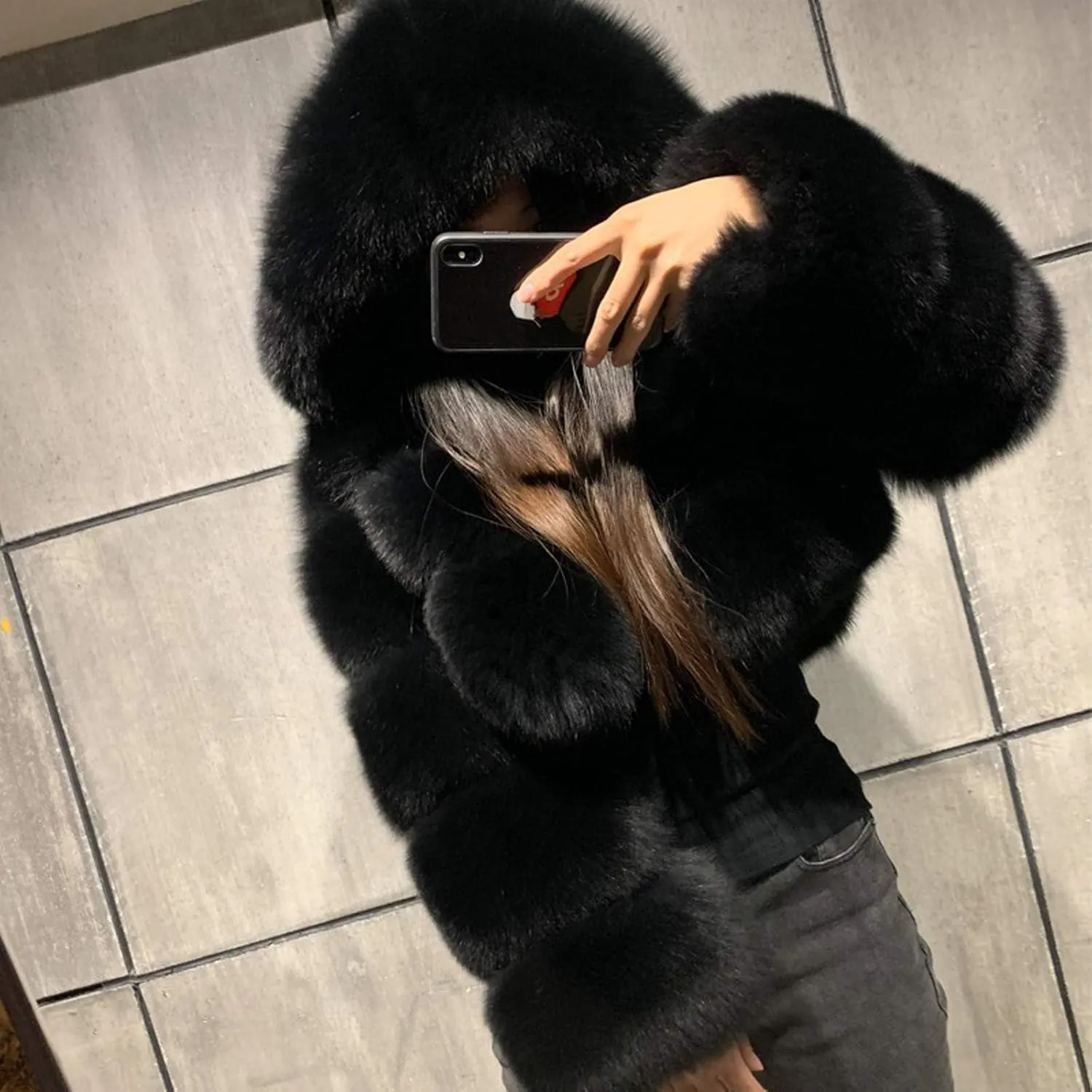 SACFOF Women's Winter Warm Jacket Faux Fur Hooded Jacket Long Sleeve Sexy Short Coat Winter Cropped Shearling Furry Overcoat