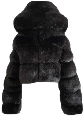 SACFOF Women's Winter Warm Jacket Faux Fur Hooded Jacket Long Sleeve Sexy Short Coat Winter Cropped Shearling Furry Overcoat