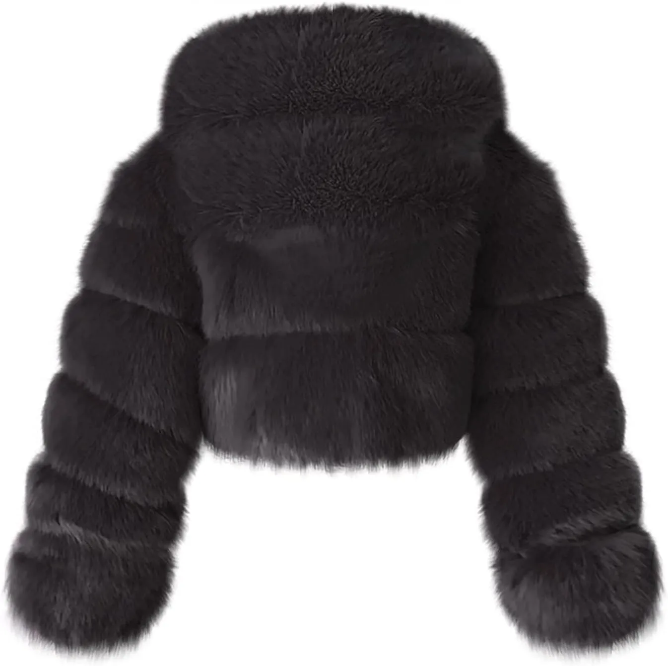 SACFOF Women's Winter Warm Jacket Faux Fur Hooded Jacket Long Sleeve Sexy Short Coat Winter Cropped Shearling Furry Overcoat