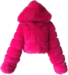 SACFOF Women's Winter Warm Jacket Faux Fur Hooded Jacket Long Sleeve Sexy Short Coat Winter Cropped Shearling Furry Overcoat