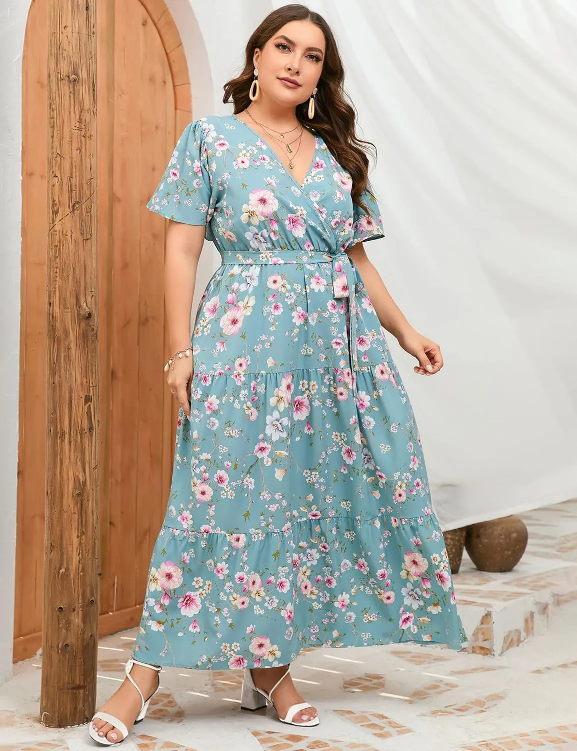 ShopWonder Womens Plus Size V Neck Wrap Maxi Dress High Waist Ruffle Summer Casual Dress with Belt