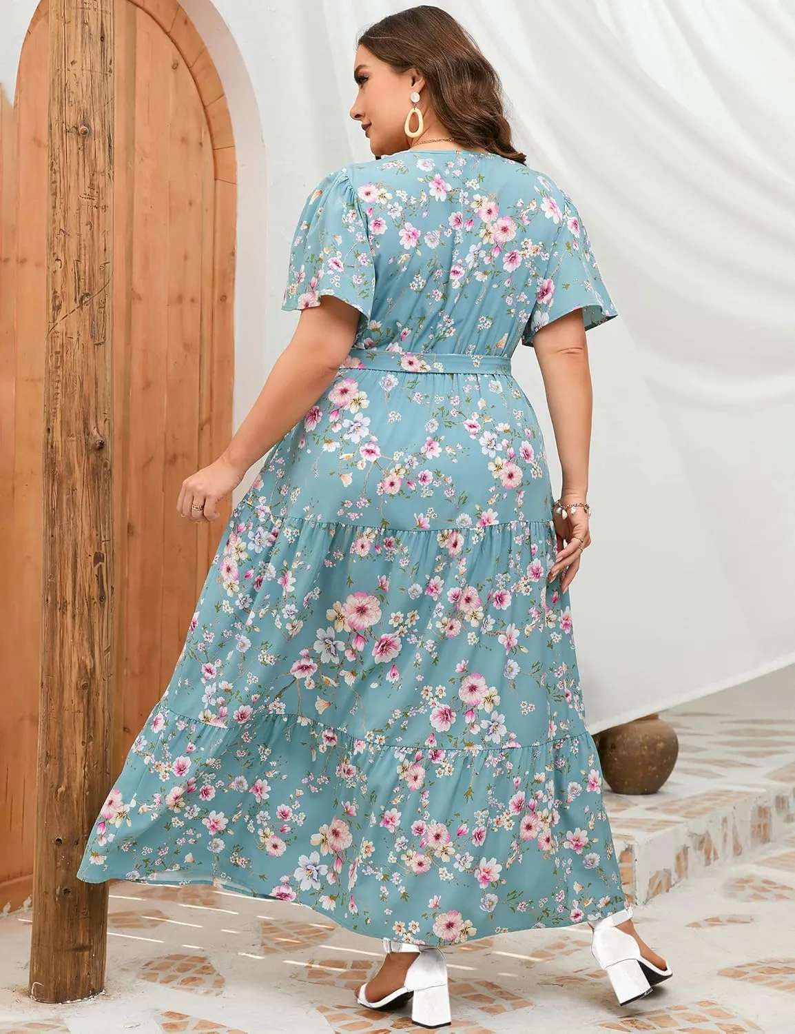 ShopWonder Womens Plus Size V Neck Wrap Maxi Dress High Waist Ruffle Summer Casual Dress with Belt