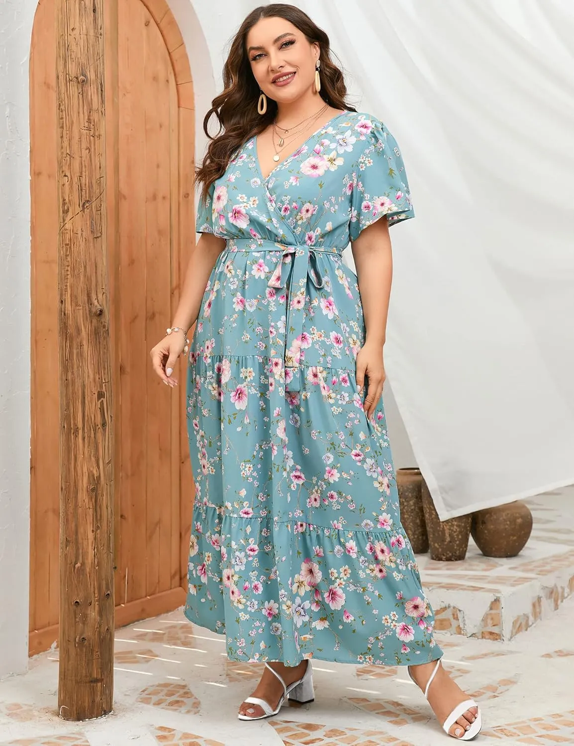 ShopWonder Womens Plus Size V Neck Wrap Maxi Dress High Waist Ruffle Summer Casual Dress with Belt