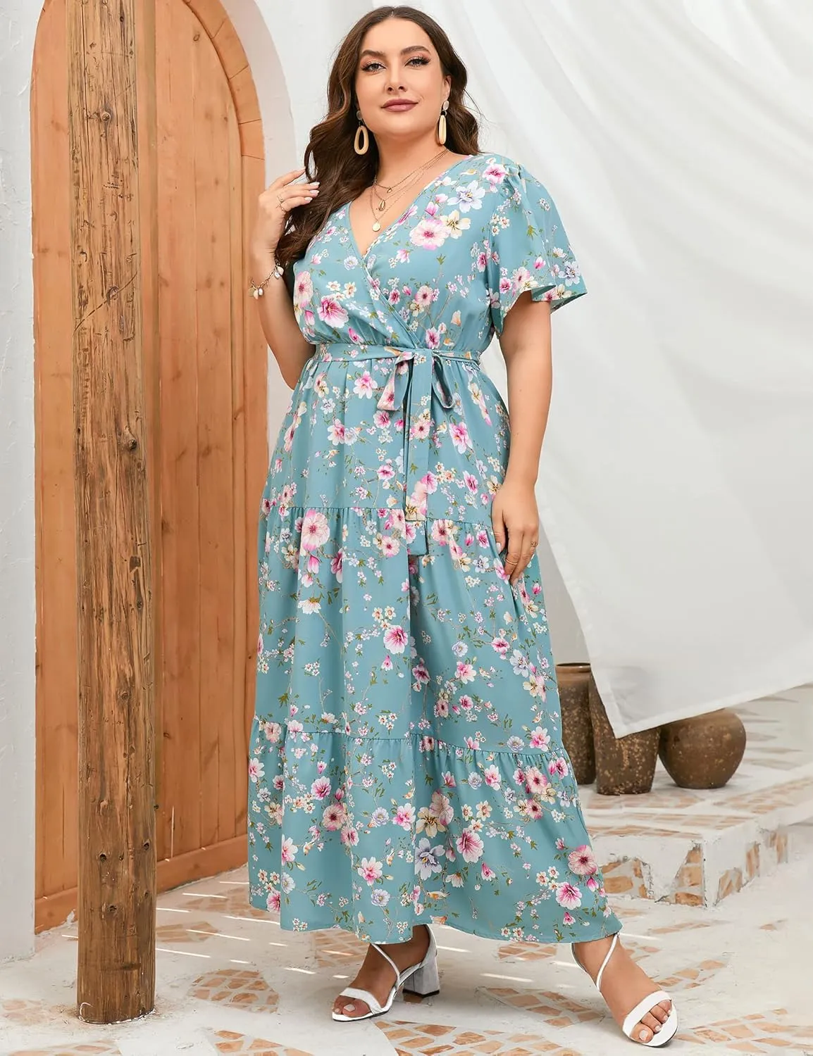 ShopWonder Womens Plus Size V Neck Wrap Maxi Dress High Waist Ruffle Summer Casual Dress with Belt