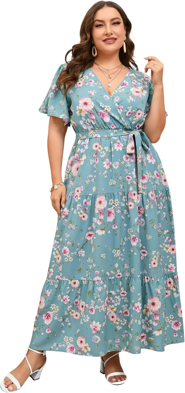 ShopWonder Womens Plus Size V Neck Wrap Maxi Dress High Waist Ruffle Summer Casual Dress with Belt