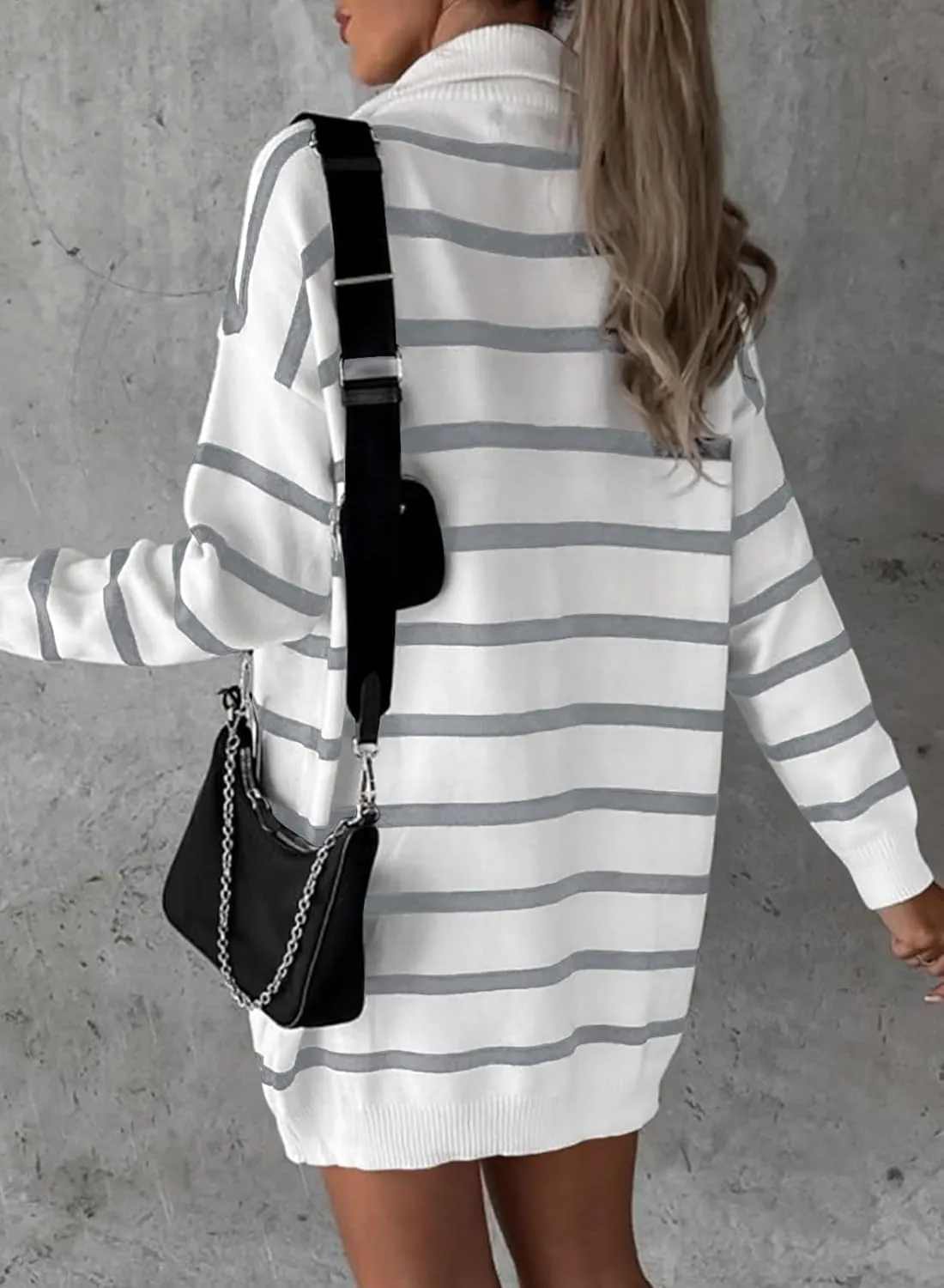 Sidefeel Women's 2024 Fall Sweater Dress Long Sleeve V Neck Striped Knit Bodycon Winter Dresses