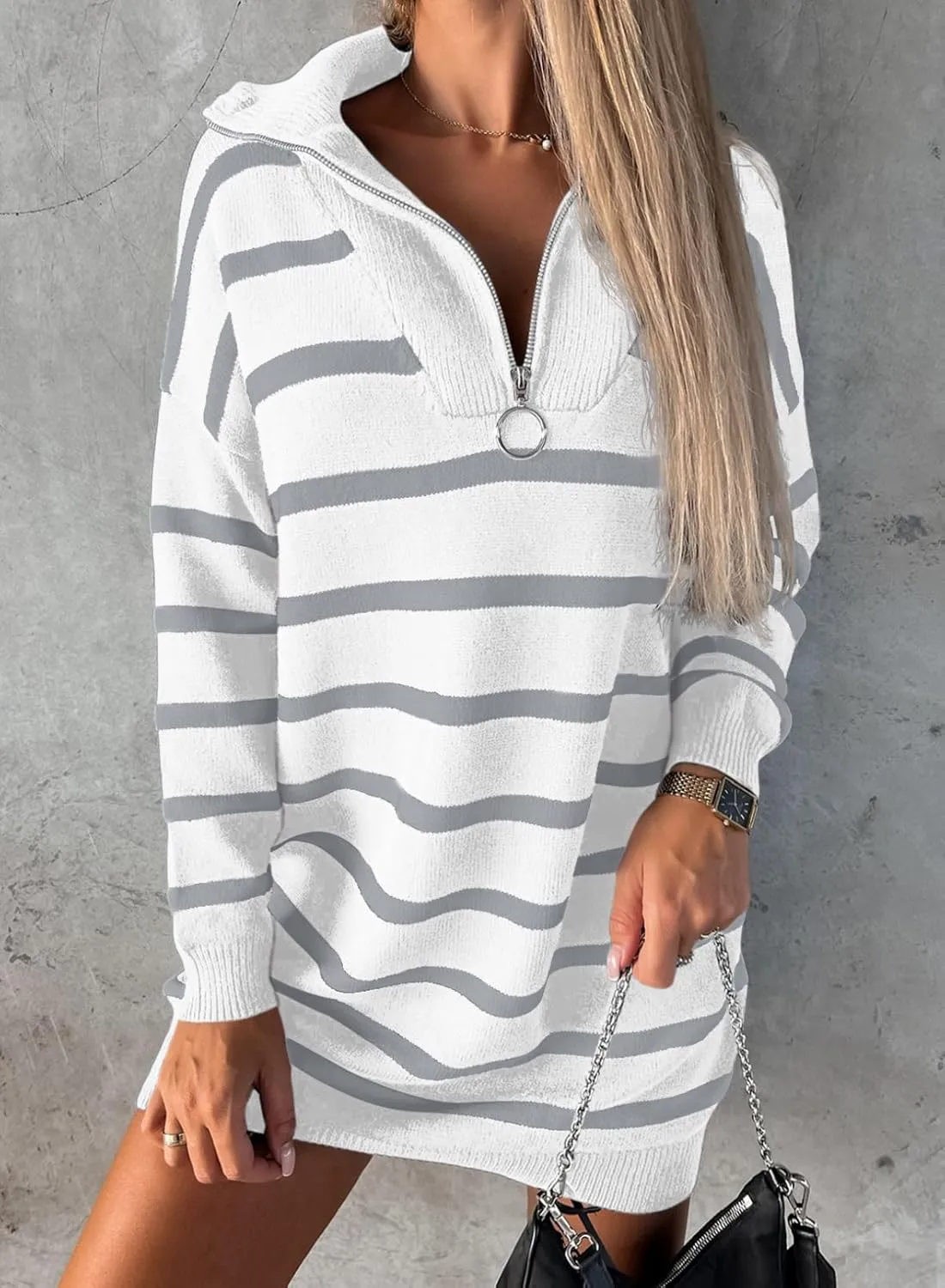 Sidefeel Women's 2024 Fall Sweater Dress Long Sleeve V Neck Striped Knit Bodycon Winter Dresses