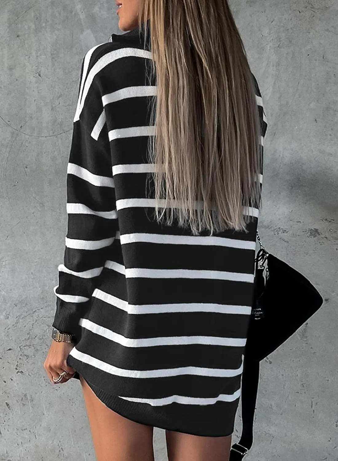 Sidefeel Women's 2024 Fall Sweater Dress Long Sleeve V Neck Striped Knit Bodycon Winter Dresses