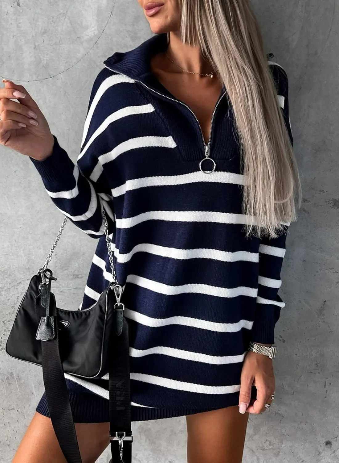 Sidefeel Women's 2024 Fall Sweater Dress Long Sleeve V Neck Striped Knit Bodycon Winter Dresses