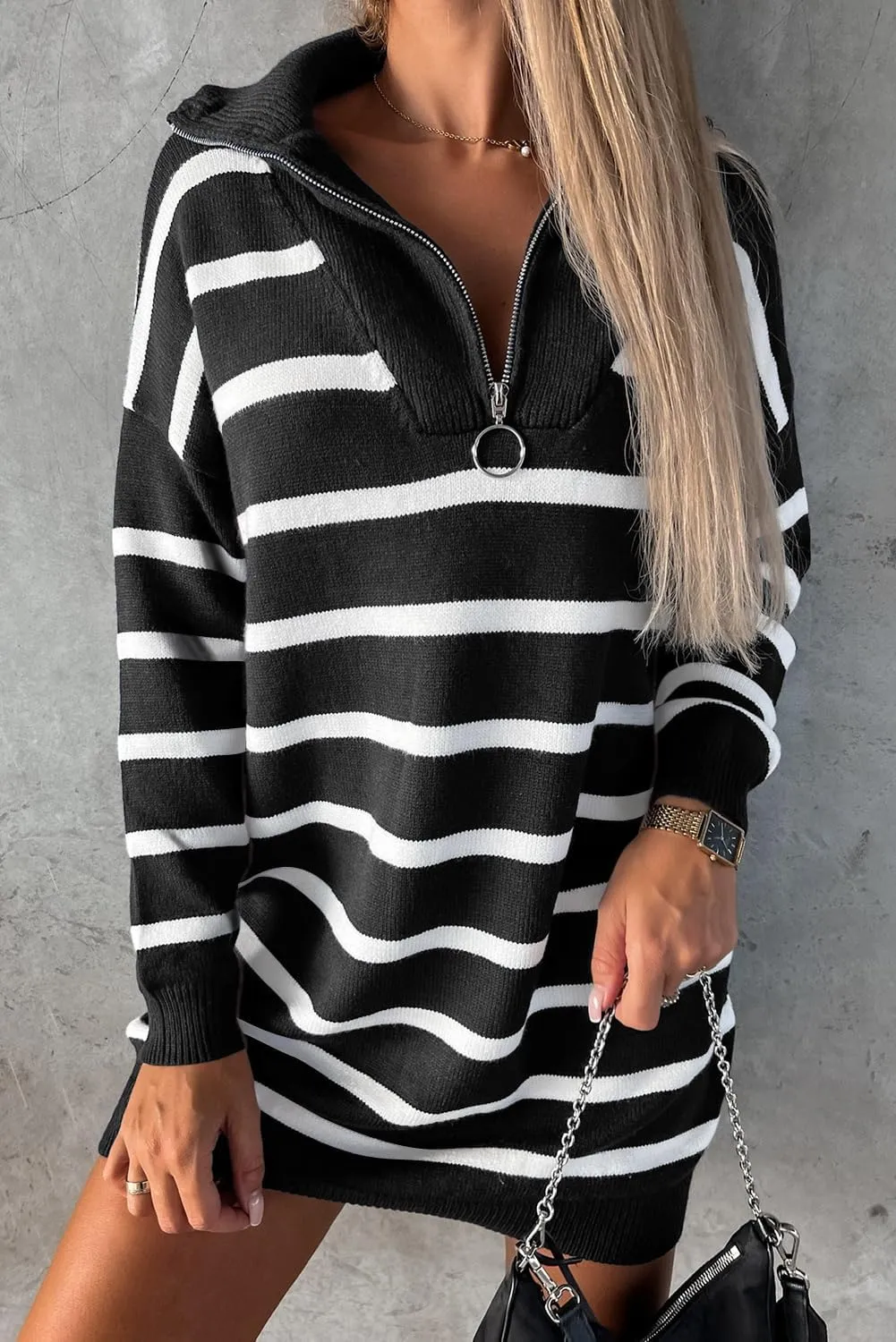 Sidefeel Women's 2024 Fall Sweater Dress Long Sleeve V Neck Striped Knit Bodycon Winter Dresses