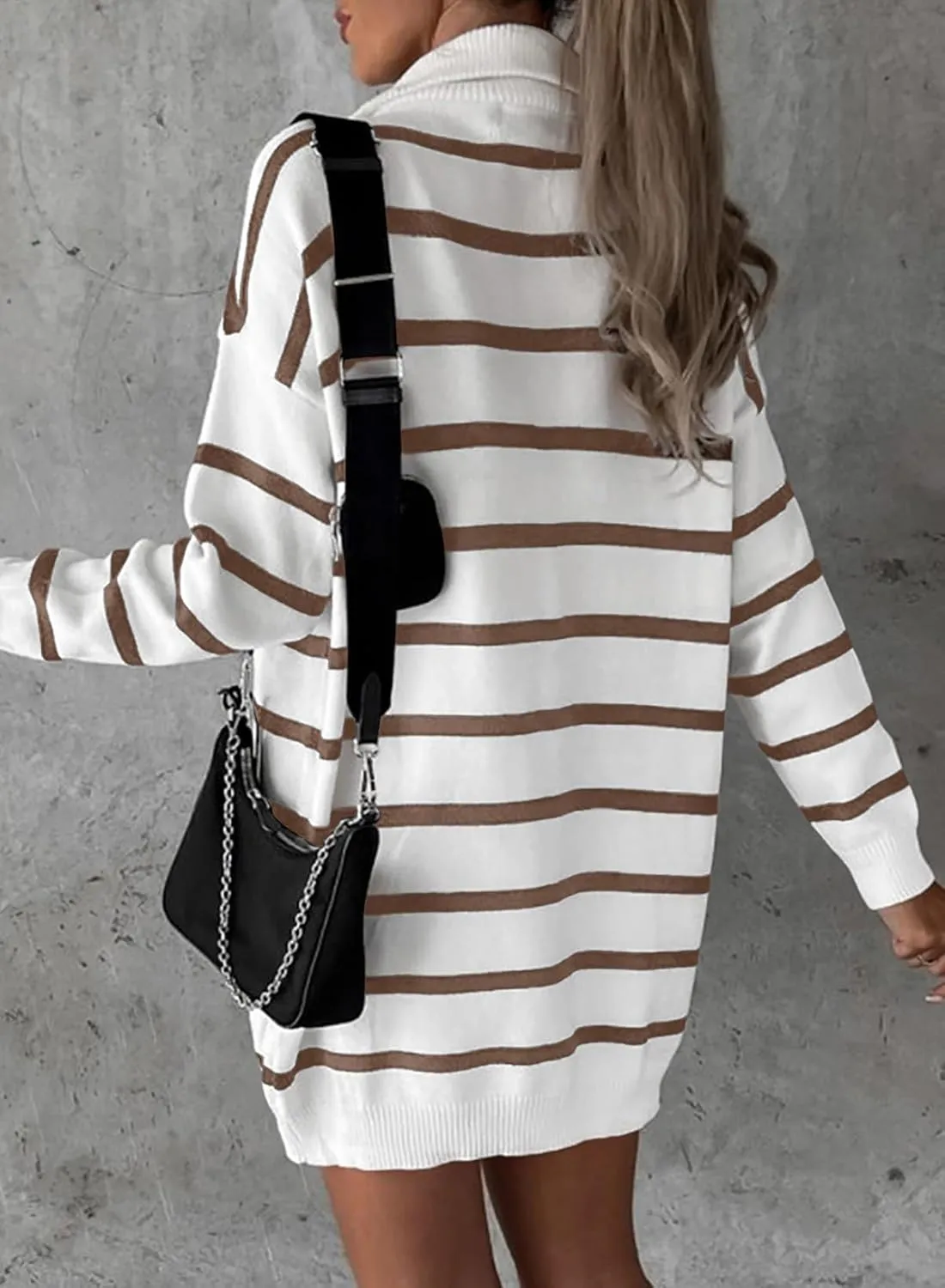 Sidefeel Women's 2024 Fall Sweater Dress Long Sleeve V Neck Striped Knit Bodycon Winter Dresses