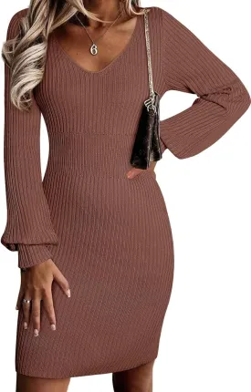Sidefeel Womens 2024 Fall Winter Ribbed Knit Sweater Dress Casual Long Sleeve Sexy V Neck Bodycon Mini Dress