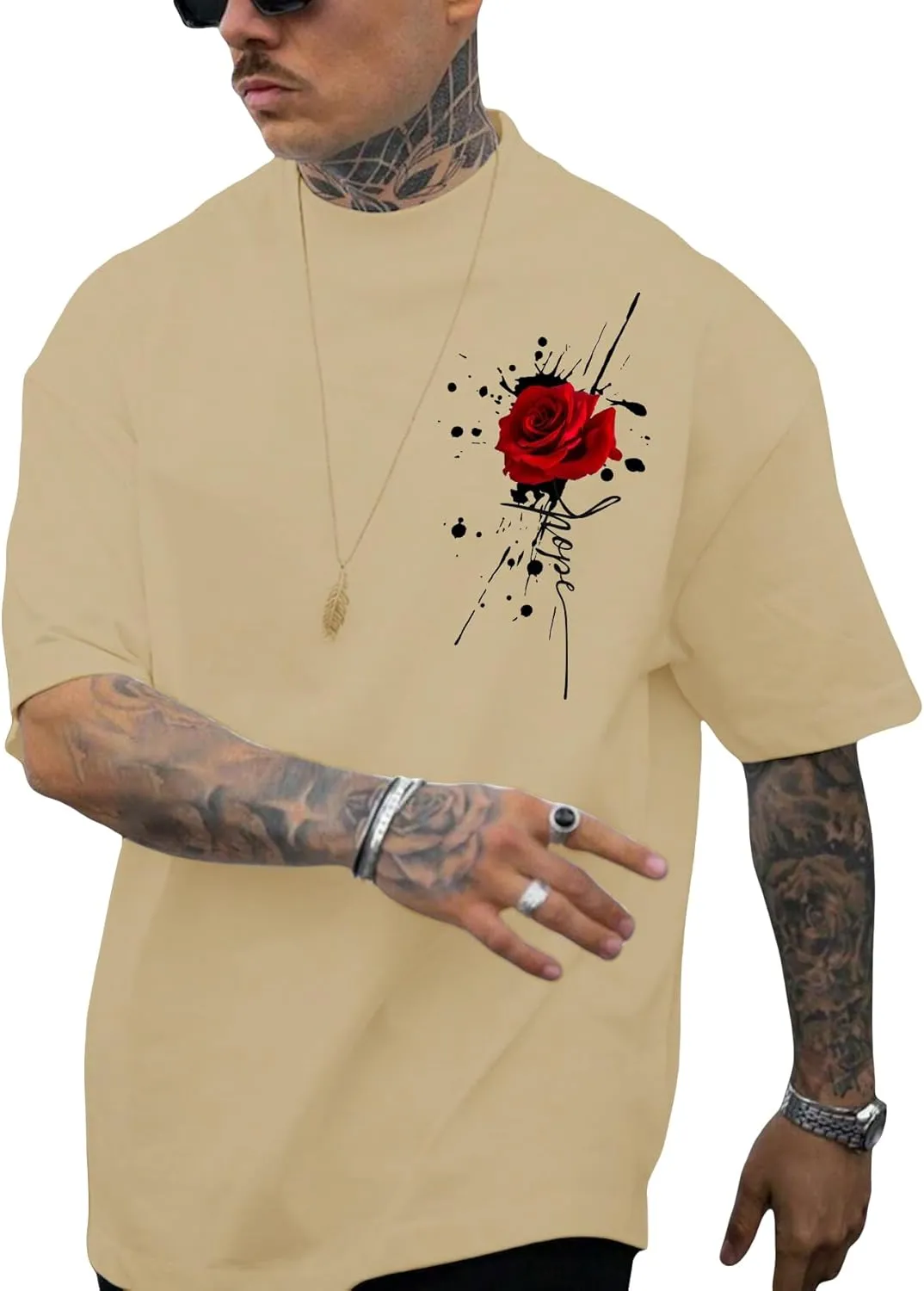 SOLY HUX Men's Rose Print Graphic Tees Oversized T Shirt Summer Tops Casual