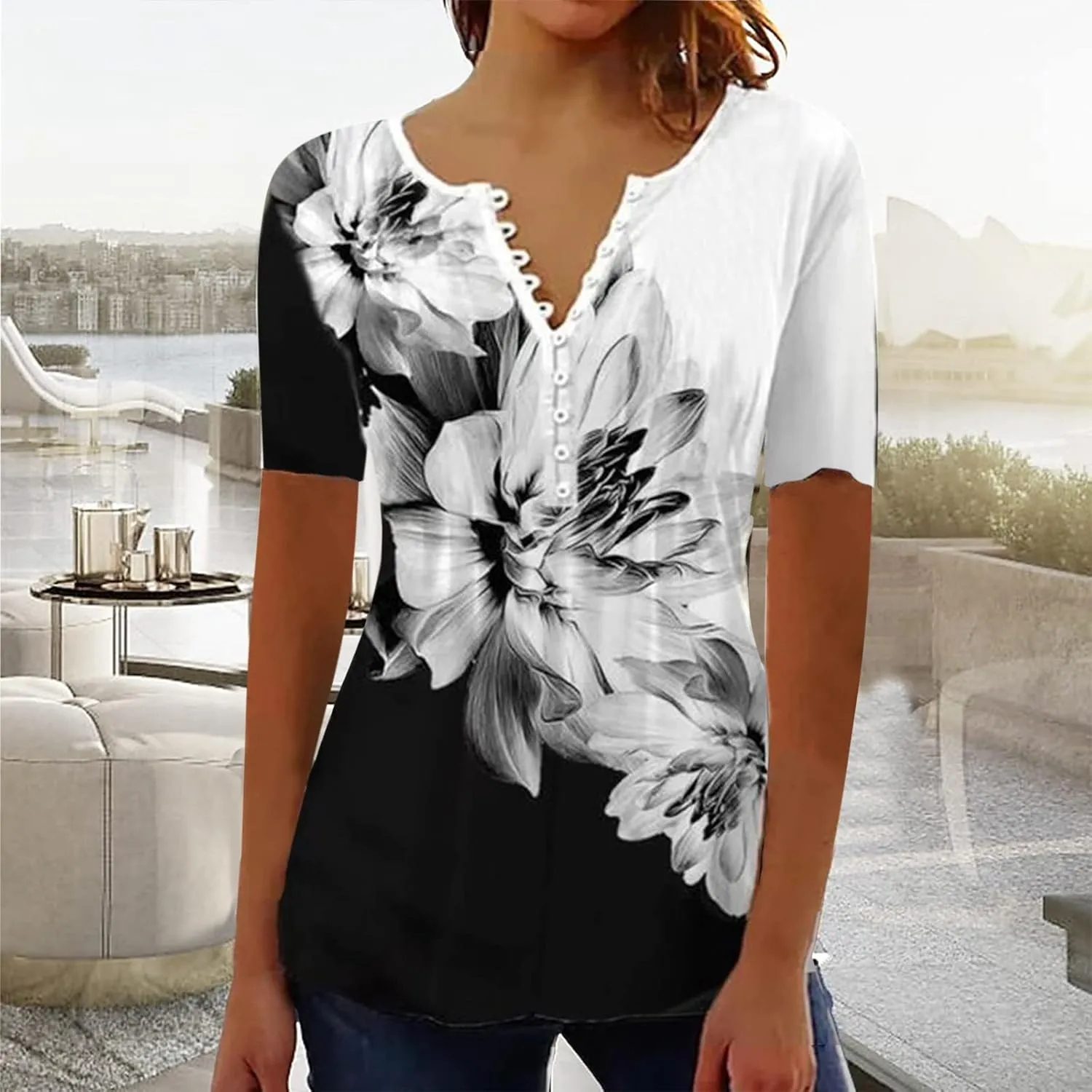Summer Tops for Women 2025 Trendy Boho Floral Print Tunic Shirts Short Sleeve Button v Neck Tshirt Casual Loose Blouse
