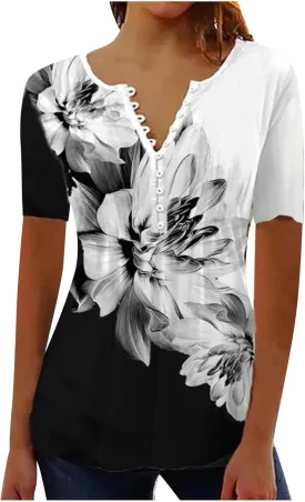 Summer Tops for Women 2025 Trendy Boho Floral Print Tunic Shirts Short Sleeve Button v Neck Tshirt Casual Loose Blouse