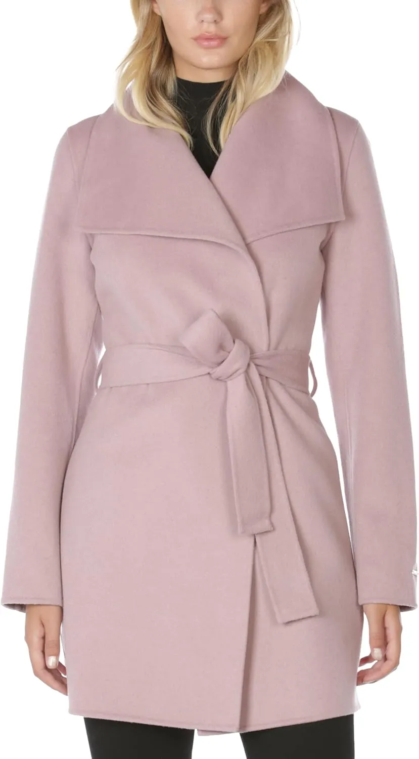 TAHARI Women's Lightweight Wool Wrap Coat with Tie Belt