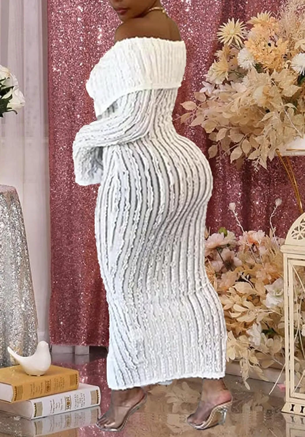 Tcremisa Women's Elegant Off Shoulder Dress Sexy Long Sleeve Button Down Ruffle Mesh Bodycon Long Dresses