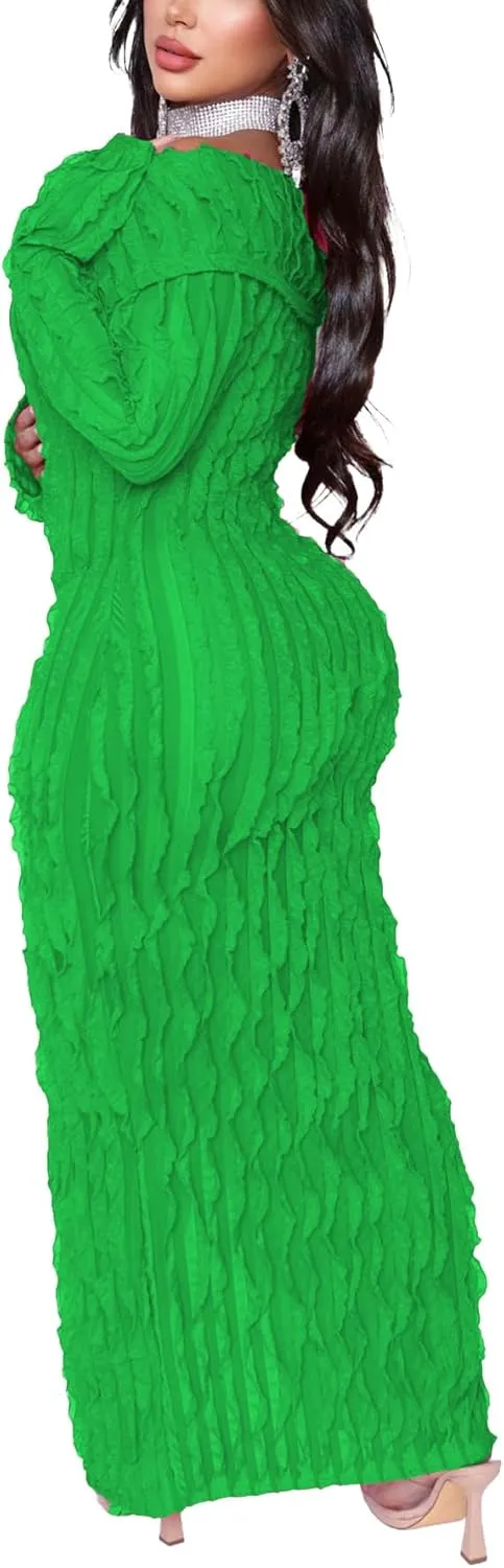 Tcremisa Women's Elegant Off Shoulder Dress Sexy Long Sleeve Button Down Ruffle Mesh Bodycon Long Dresses