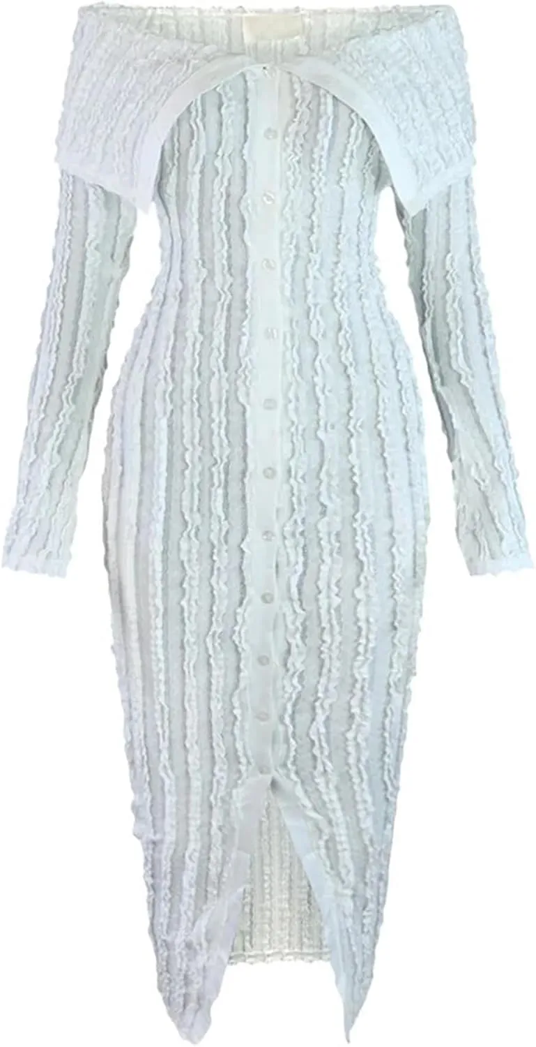 Tcremisa Women's Elegant Off Shoulder Dress Sexy Long Sleeve Button Down Ruffle Mesh Bodycon Long Dresses