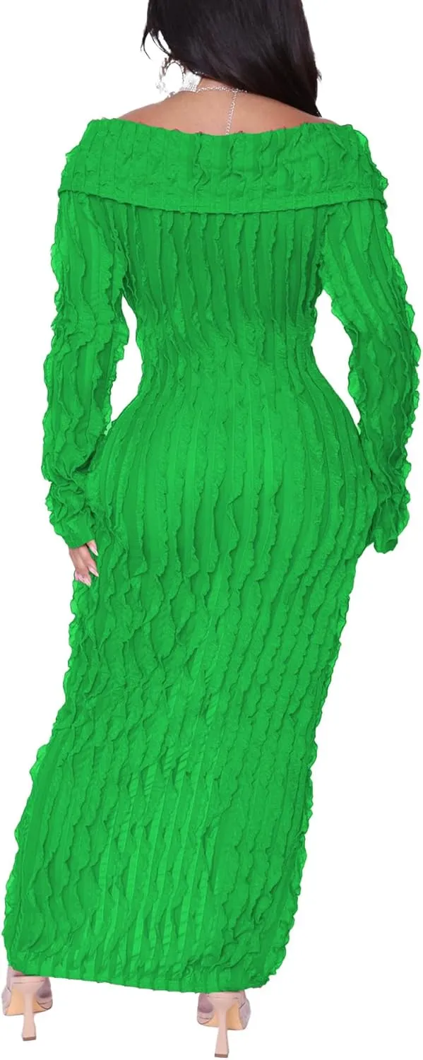 Tcremisa Women's Elegant Off Shoulder Dress Sexy Long Sleeve Button Down Ruffle Mesh Bodycon Long Dresses
