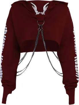 TSMNZMU Womens Gothic Cropped Hoodie Long Sleeve Punk Grunge Skull Print Sweatshirt Emo Alt Mall Goth Tops with Iron Chain