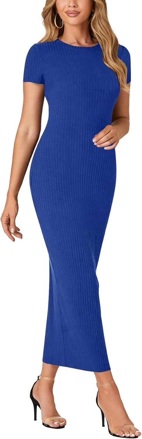 Umenlele Women’s Casual Short Sleeve Ribbed Knit Bodycon Fitted Pencil Long Maxi Dress