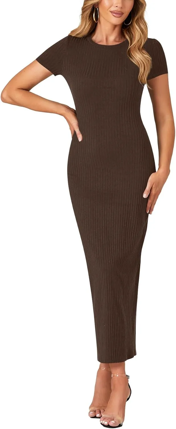 Umenlele Women’s Casual Short Sleeve Ribbed Knit Bodycon Fitted Pencil Long Maxi Dress