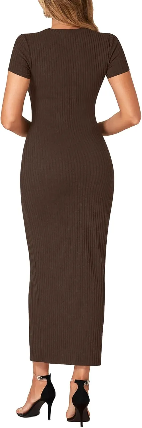 Umenlele Women’s Casual Short Sleeve Ribbed Knit Bodycon Fitted Pencil Long Maxi Dress