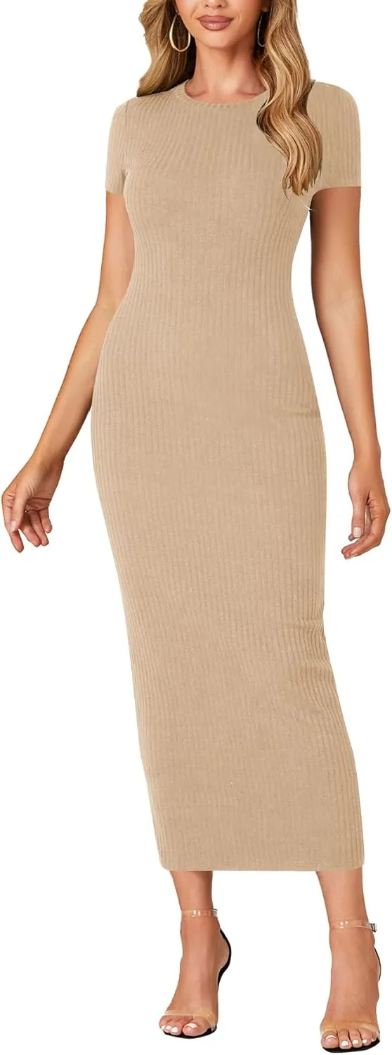 Umenlele Women’s Casual Short Sleeve Ribbed Knit Bodycon Fitted Pencil Long Maxi Dress