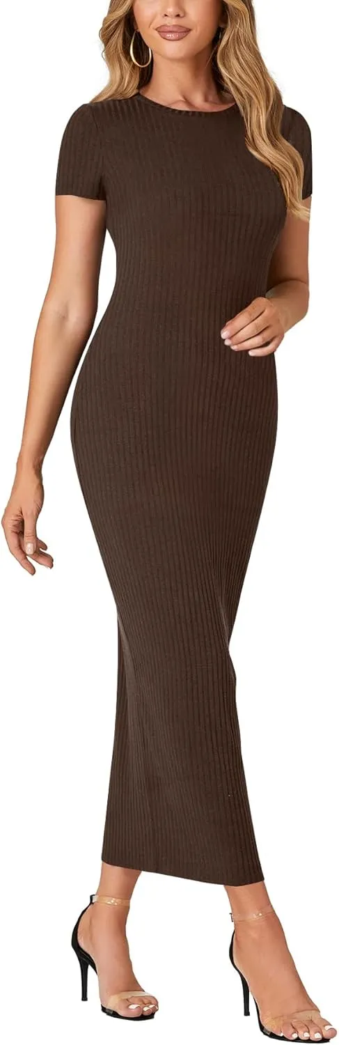 Umenlele Women’s Casual Short Sleeve Ribbed Knit Bodycon Fitted Pencil Long Maxi Dress