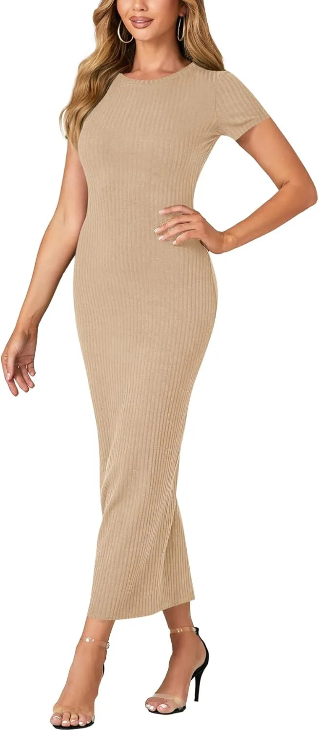 Umenlele Women’s Casual Short Sleeve Ribbed Knit Bodycon Fitted Pencil Long Maxi Dress