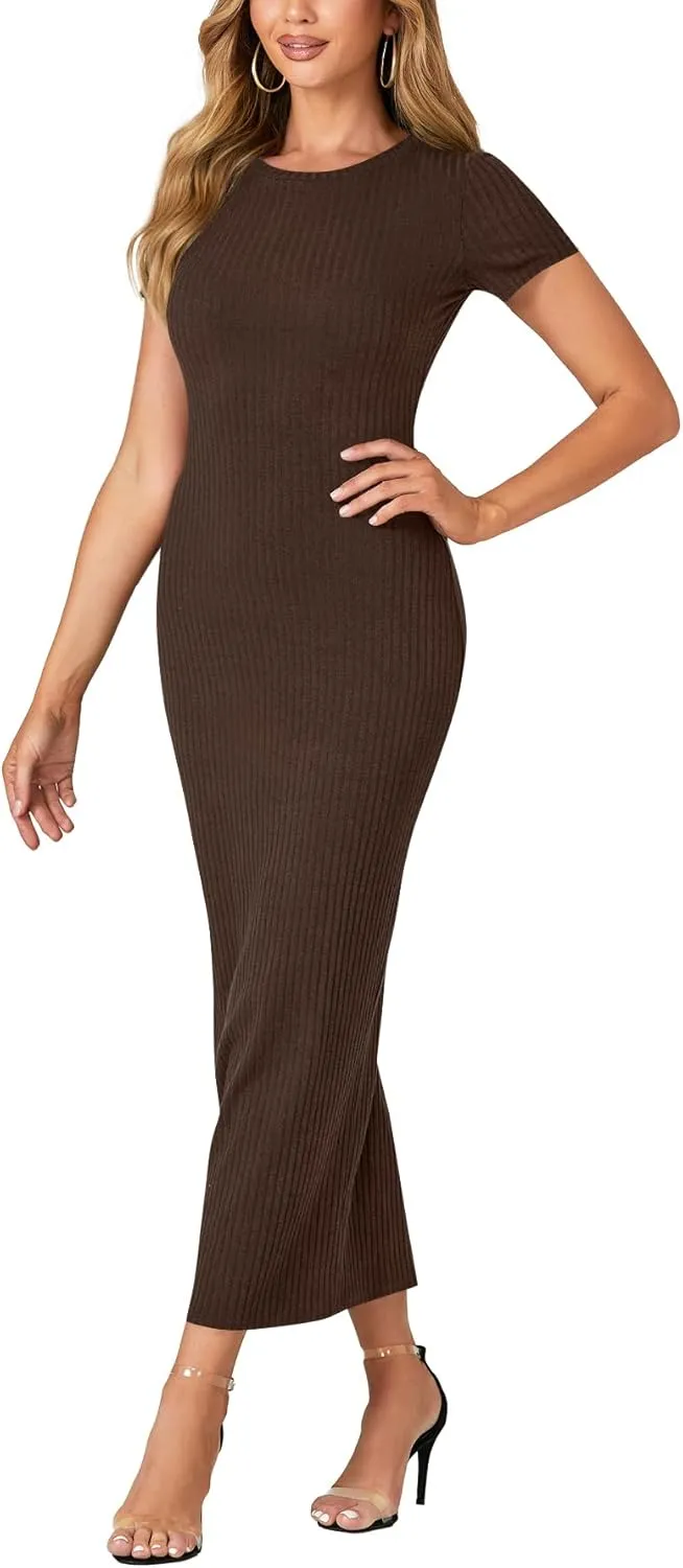 Umenlele Women’s Casual Short Sleeve Ribbed Knit Bodycon Fitted Pencil Long Maxi Dress