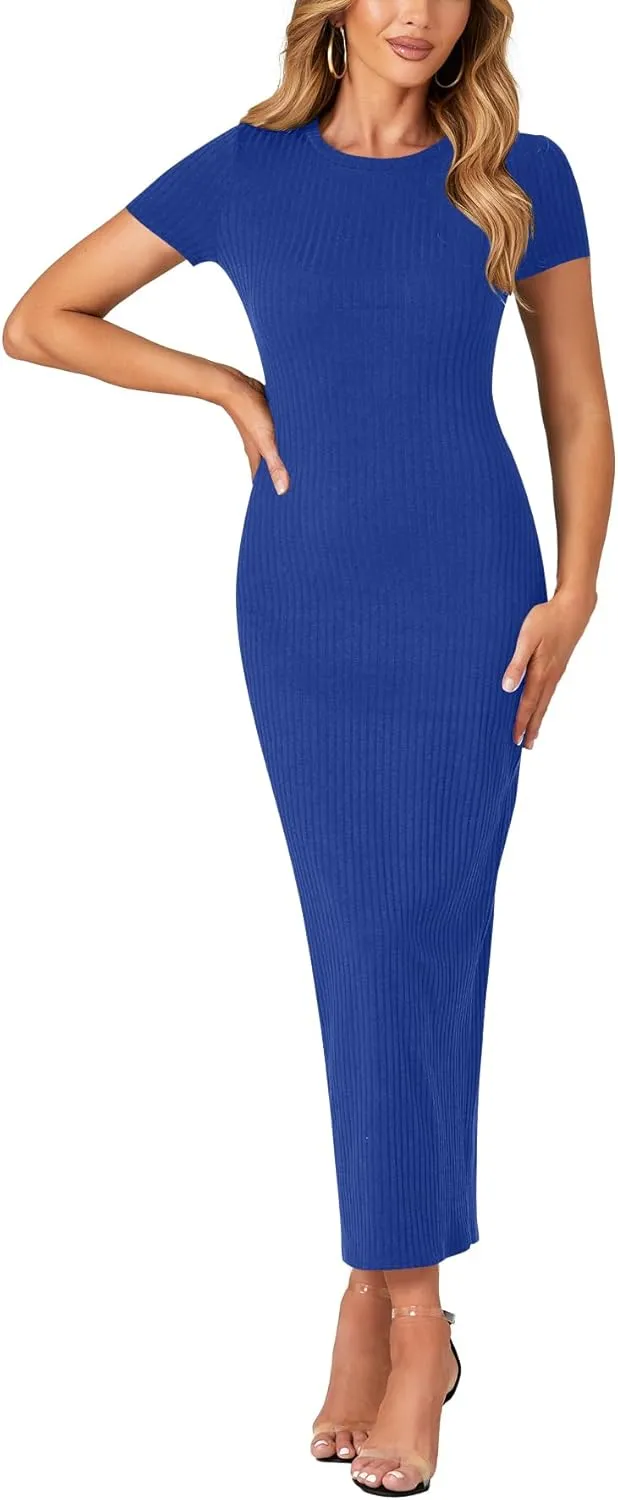 Umenlele Women’s Casual Short Sleeve Ribbed Knit Bodycon Fitted Pencil Long Maxi Dress