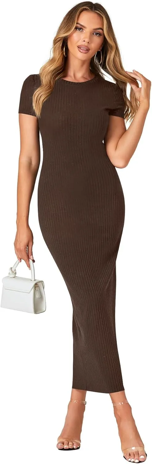 Umenlele Women’s Casual Short Sleeve Ribbed Knit Bodycon Fitted Pencil Long Maxi Dress