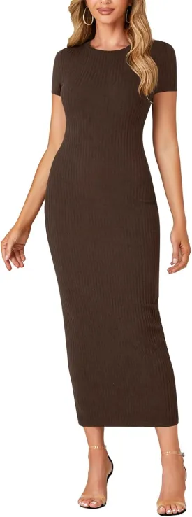 Umenlele Women’s Casual Short Sleeve Ribbed Knit Bodycon Fitted Pencil Long Maxi Dress