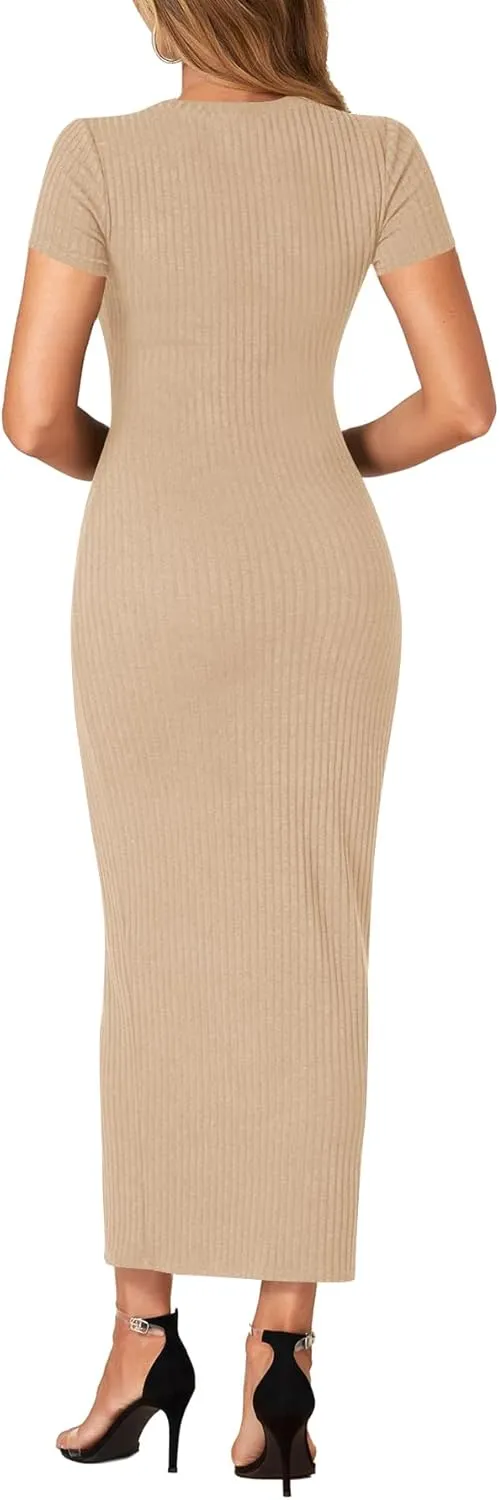Umenlele Women’s Casual Short Sleeve Ribbed Knit Bodycon Fitted Pencil Long Maxi Dress