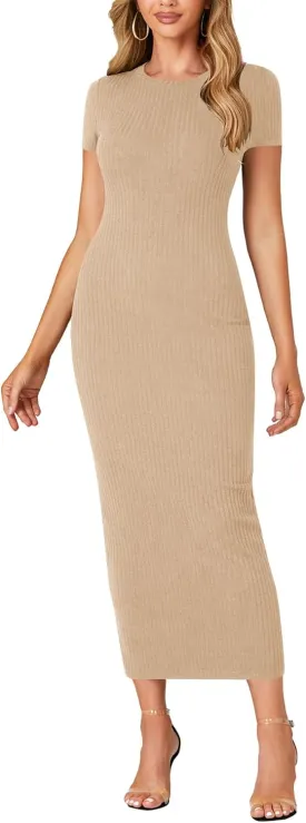 Umenlele Women’s Casual Short Sleeve Ribbed Knit Bodycon Fitted Pencil Long Maxi Dress