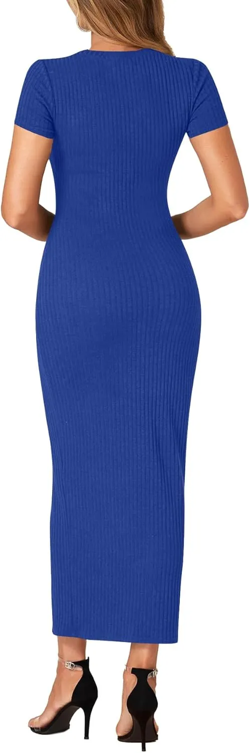 Umenlele Women’s Casual Short Sleeve Ribbed Knit Bodycon Fitted Pencil Long Maxi Dress