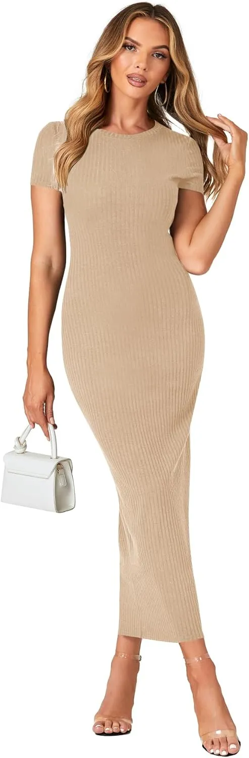 Umenlele Women’s Casual Short Sleeve Ribbed Knit Bodycon Fitted Pencil Long Maxi Dress