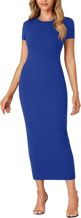 Umenlele Women’s Casual Short Sleeve Ribbed Knit Bodycon Fitted Pencil Long Maxi Dress