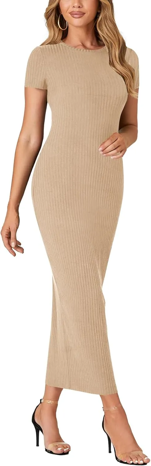 Umenlele Women’s Casual Short Sleeve Ribbed Knit Bodycon Fitted Pencil Long Maxi Dress