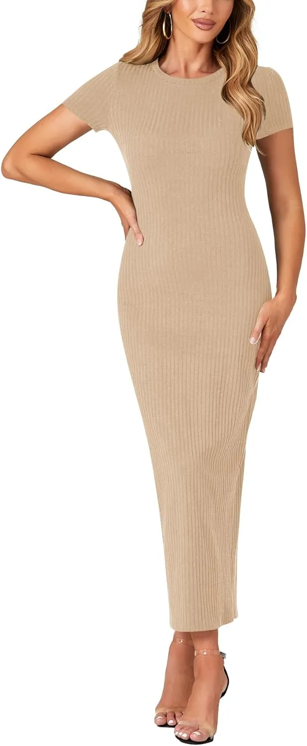 Umenlele Women’s Casual Short Sleeve Ribbed Knit Bodycon Fitted Pencil Long Maxi Dress