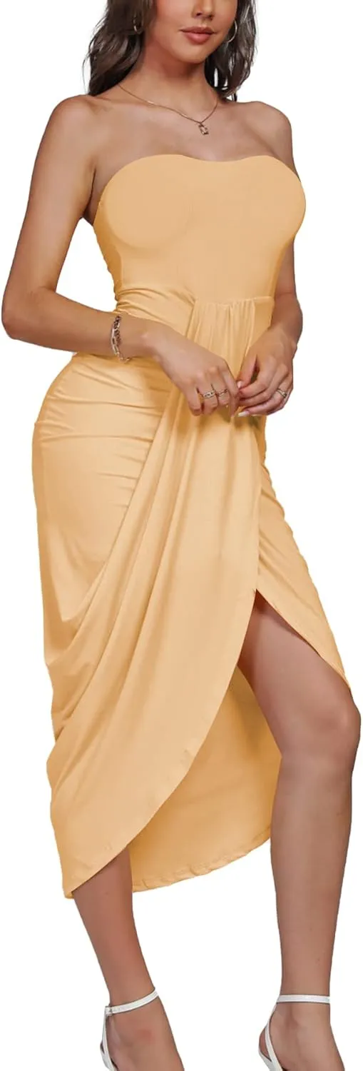 Umenlele Women's Strapless Ruched High Waist Wrap Split Asymmetrical Beach Maxi Long Dress