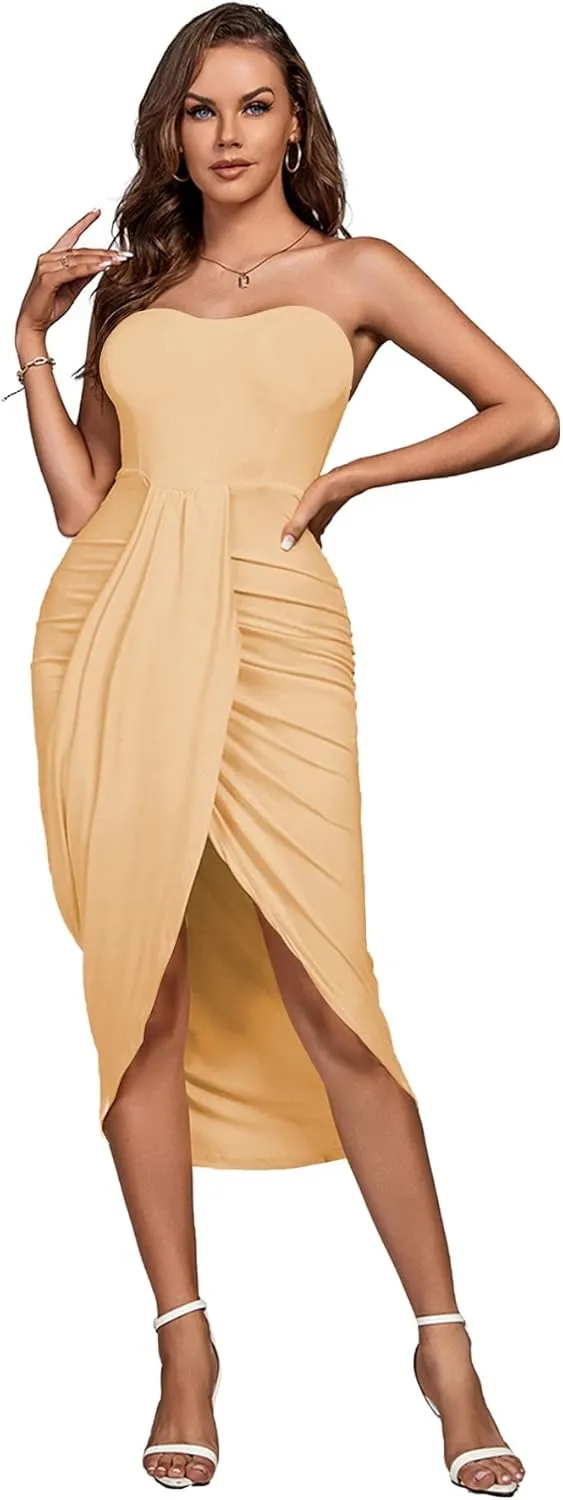 Umenlele Women's Strapless Ruched High Waist Wrap Split Asymmetrical Beach Maxi Long Dress