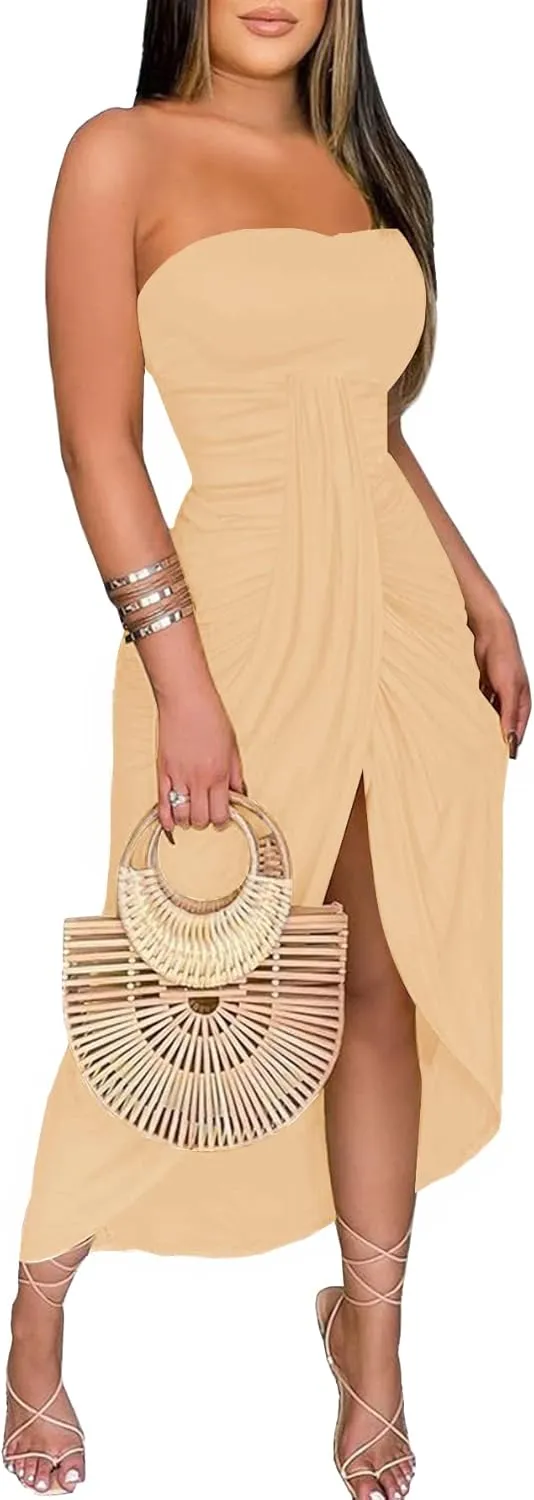 Umenlele Women's Strapless Ruched High Waist Wrap Split Asymmetrical Beach Maxi Long Dress