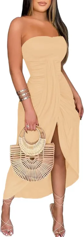 Umenlele Women's Strapless Ruched High Waist Wrap Split Asymmetrical Beach Maxi Long Dress