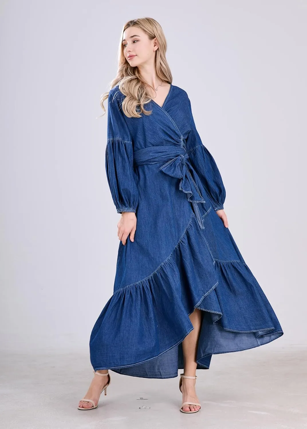 utcoco Womens Casual Belted Long Sleeve Denim Dress Wrapped V-Neck Ruffle Hem Maxi Denim Dresses for Women 2025